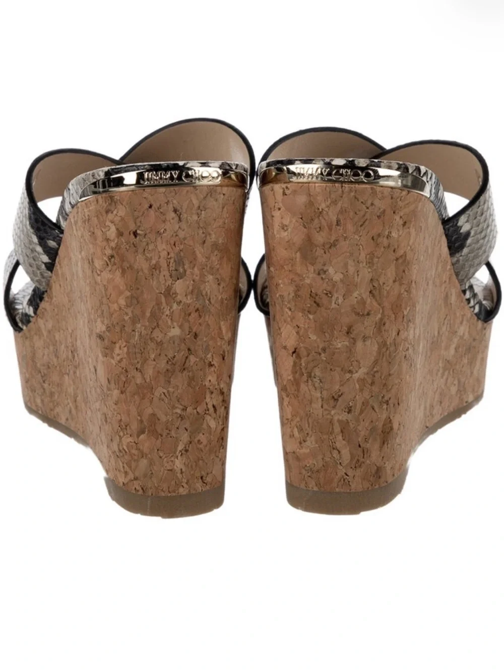 Jimmy Choo Black and White Snakeskin Cork Wedge Slides